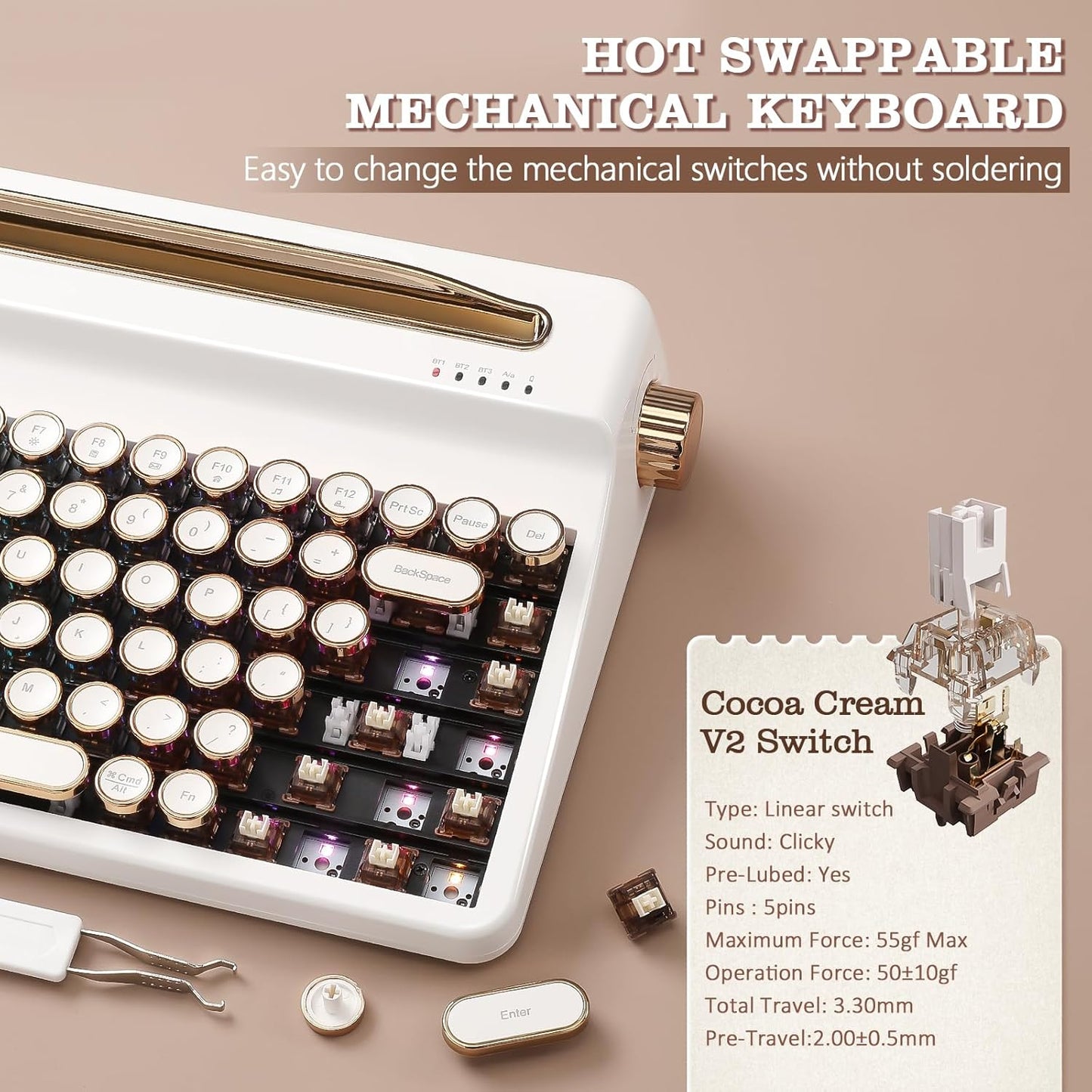 YUNZII QL75 Wireless Typewriter Hot Swap Retro Mechanical Keyboard,Punk Round Keycaps,RGB Backlit QMK/VIA Programmable, Multi-Device Keyboard with 2.4GHz/Type-C/BT5.0 (White, Cocoa Cream V2 Switch)