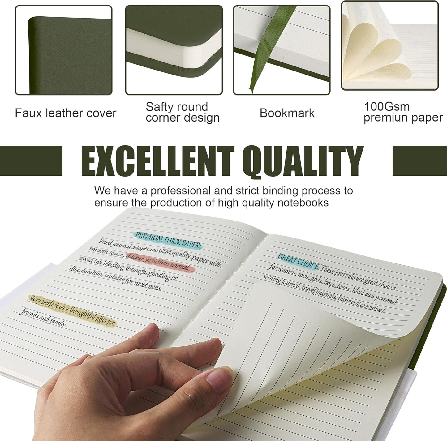 Lined Journal Notebook, 6Pack(Olive Green), 160 Pages, Medium 5.7 inches x 8 inches - 100 gsm Thick Paper, Hardcover