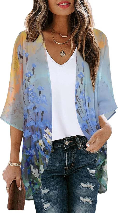 Women's Floral Print Puff Sleeve Kimono Cardigan Loose Cover Up Casual Blouse by CHICGAL