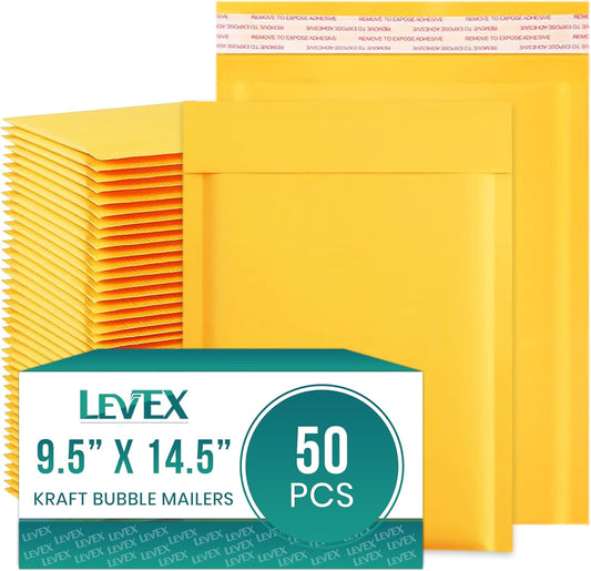 Levex - #4 9.5" x 14.5 [50 Pack) Kraft Bubble Mailers, Padded Envelope Mailers, Packing Envelope & Mailing Bags for Shipping