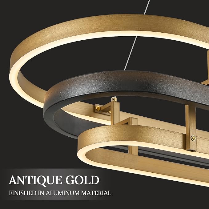 3 Ring LED Chandelier Black Gold Rectangular Chandeliers 39in Modern Oval - Image 3