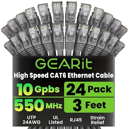 GEARit Cat 6 Ethernet Patch Cables 3 ft Gray, CAT6 High Speed 24AWG 10Gbps RJ45 by GEARit