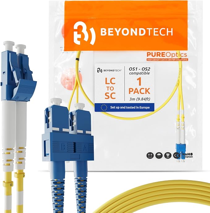 BEYONDTECH 3m LC to SC Fiber Patch Cable – UPC Single-Mode Duplex Fiber Optic by Beyondtech