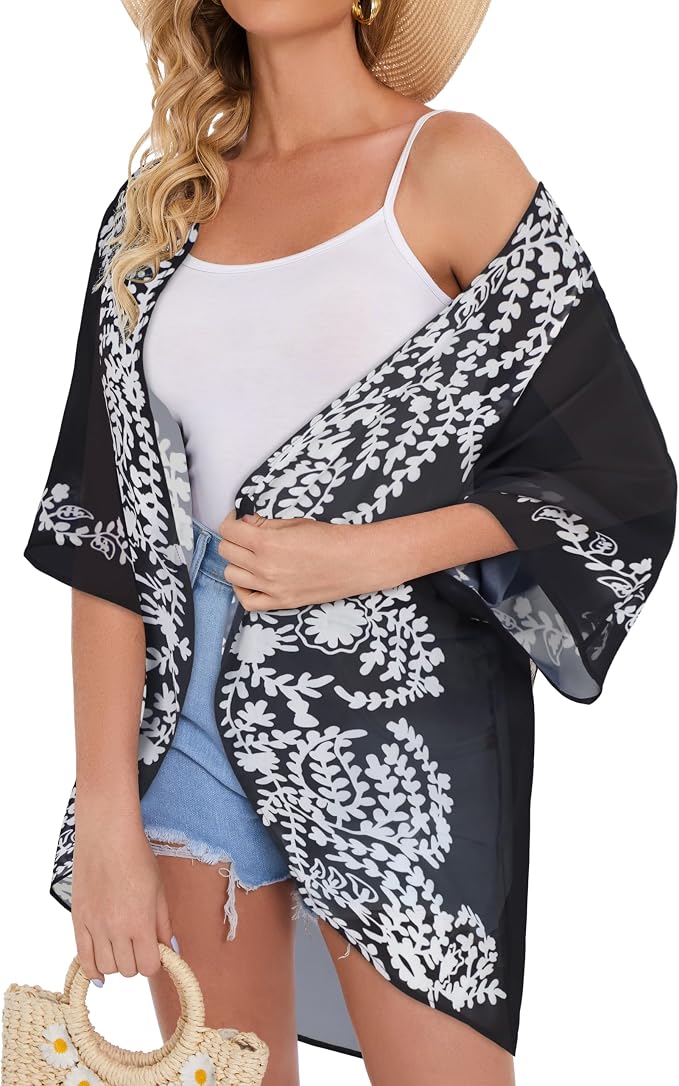 Women's Floral Print Puff Sleeve Kimono Cardigan Loose Cover Up Casual Blouse - Image 9