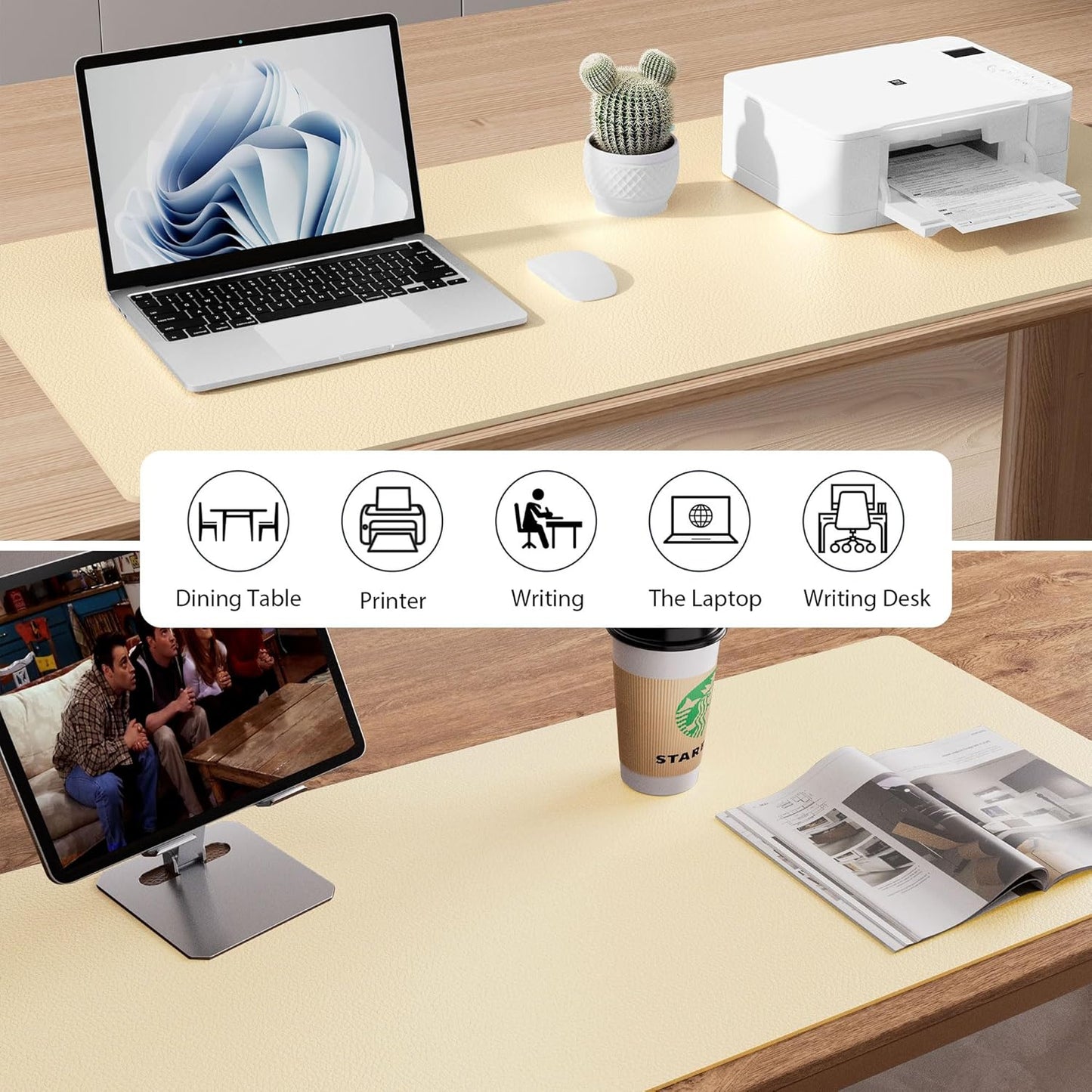 Aothia Leather Desk Pad Protector, Office Desk Mat, Large Mouse Pad, Non-Slip PU Leather Desk Blotter, Laptop Desk Pad, Waterproof Desk Writing Pad for Office and Home (48"x17", Soft Yellow)