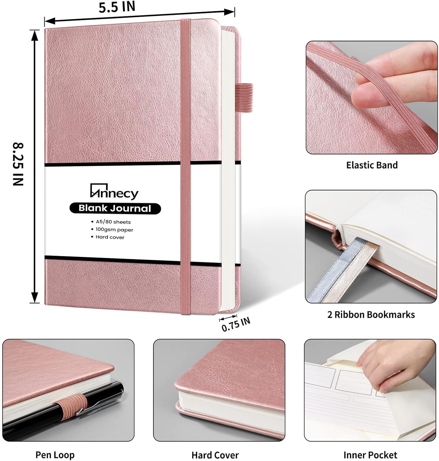 Annecy Blank Journal Notebook, Medium 5.5x 8.25, 160 Pages 100GSM Writing Paper, A5 Rose Gold Faux Leather Cover with Pen Loop