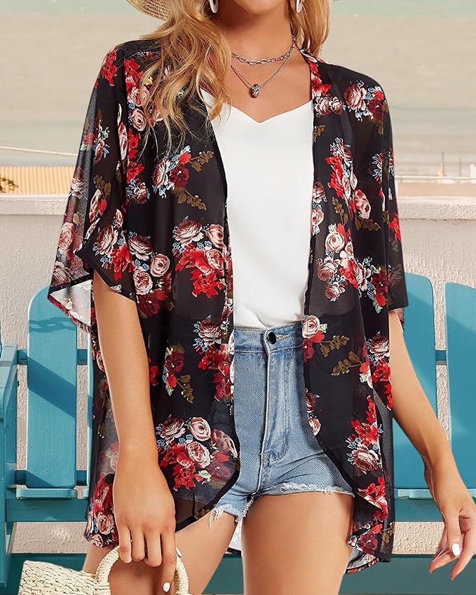 Women's Floral Print Puff Sleeve Kimono Cardigan Loose Cover Up Casual Blouse - Image 7