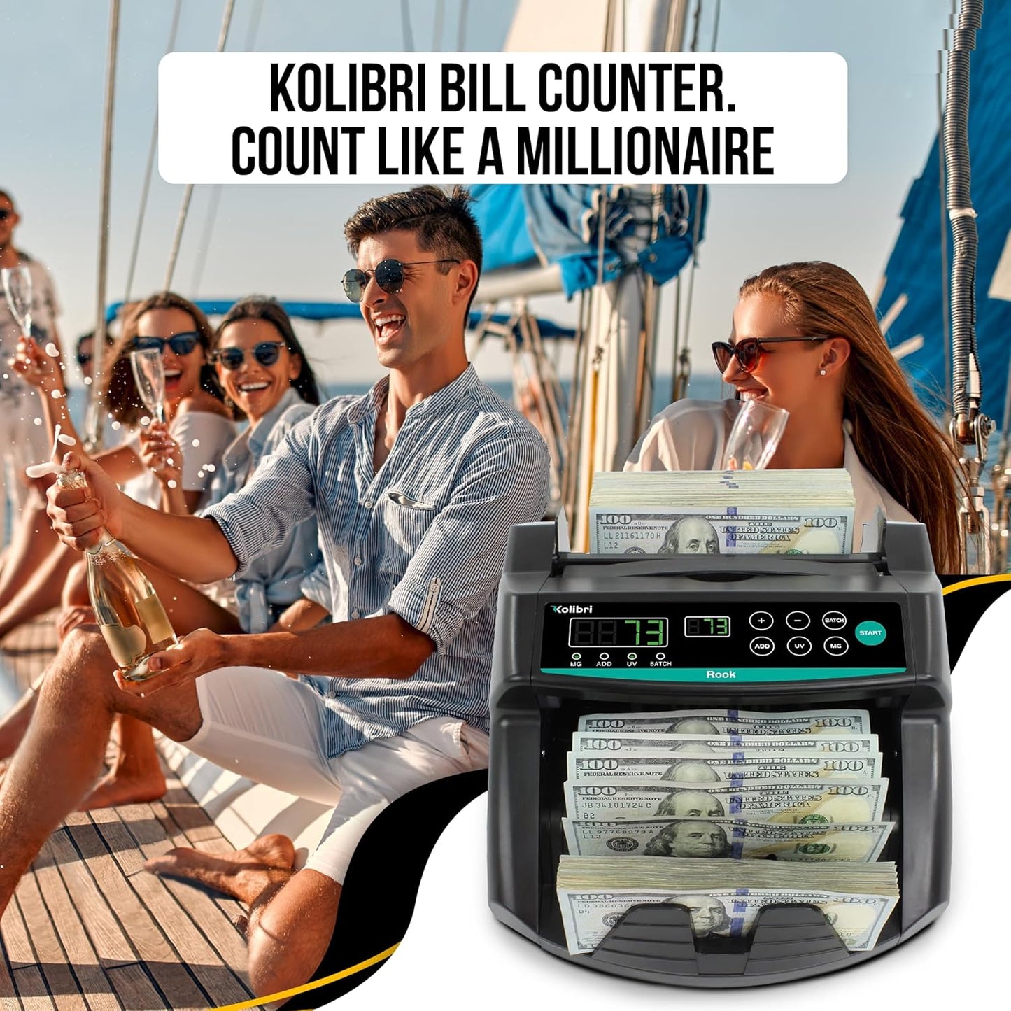 KOLIBRI Money Counter Machine, Rook with UV/MG/IR Counterfeit Detection – Count, Add & Batch Modes, 1,400 Notes per Minute - US Dollar Cash Counter with Dual LED Display (1-Year USA Warranty)