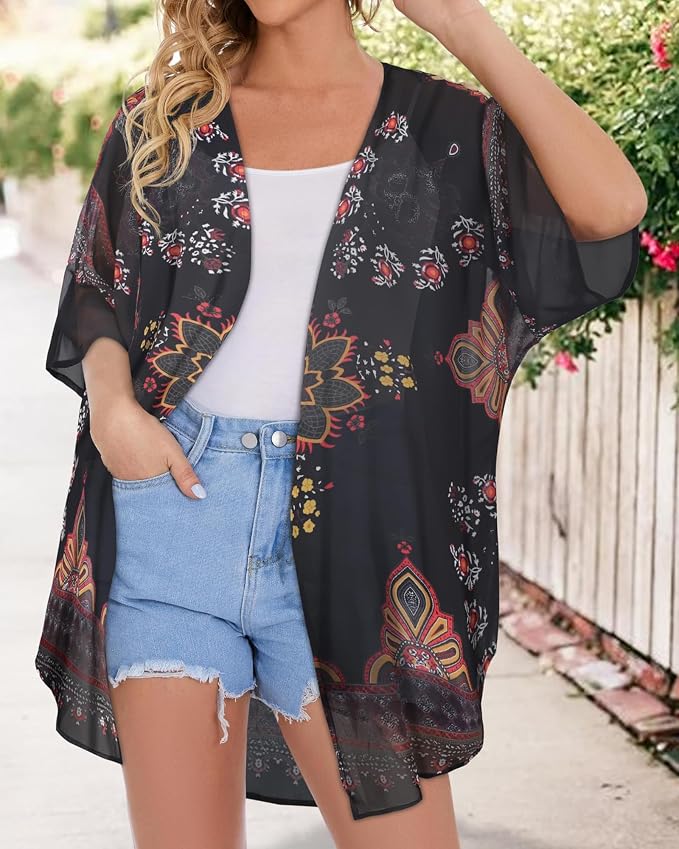 Women's Floral Print Puff Sleeve Kimono Cardigan Loose Cover Up Casual Blouse - Image 4