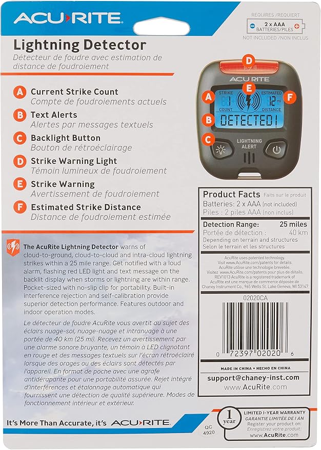 AcuRite 02020 Portable Lightning Detector Black, 2½L x 1W x 2¾H - Image 3