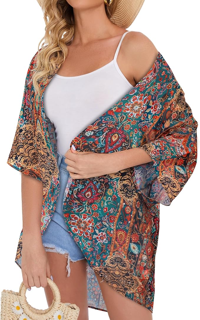 Women's Floral Print Puff Sleeve Kimono Cardigan Loose Cover Up Casual Blouse - Image 4