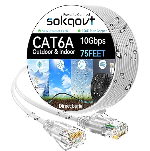 Cat6a Ethernet Cable Slim 75ft Outdoor&Indoor, 28AWG Pure Copper Cat6 Internet by Unknown