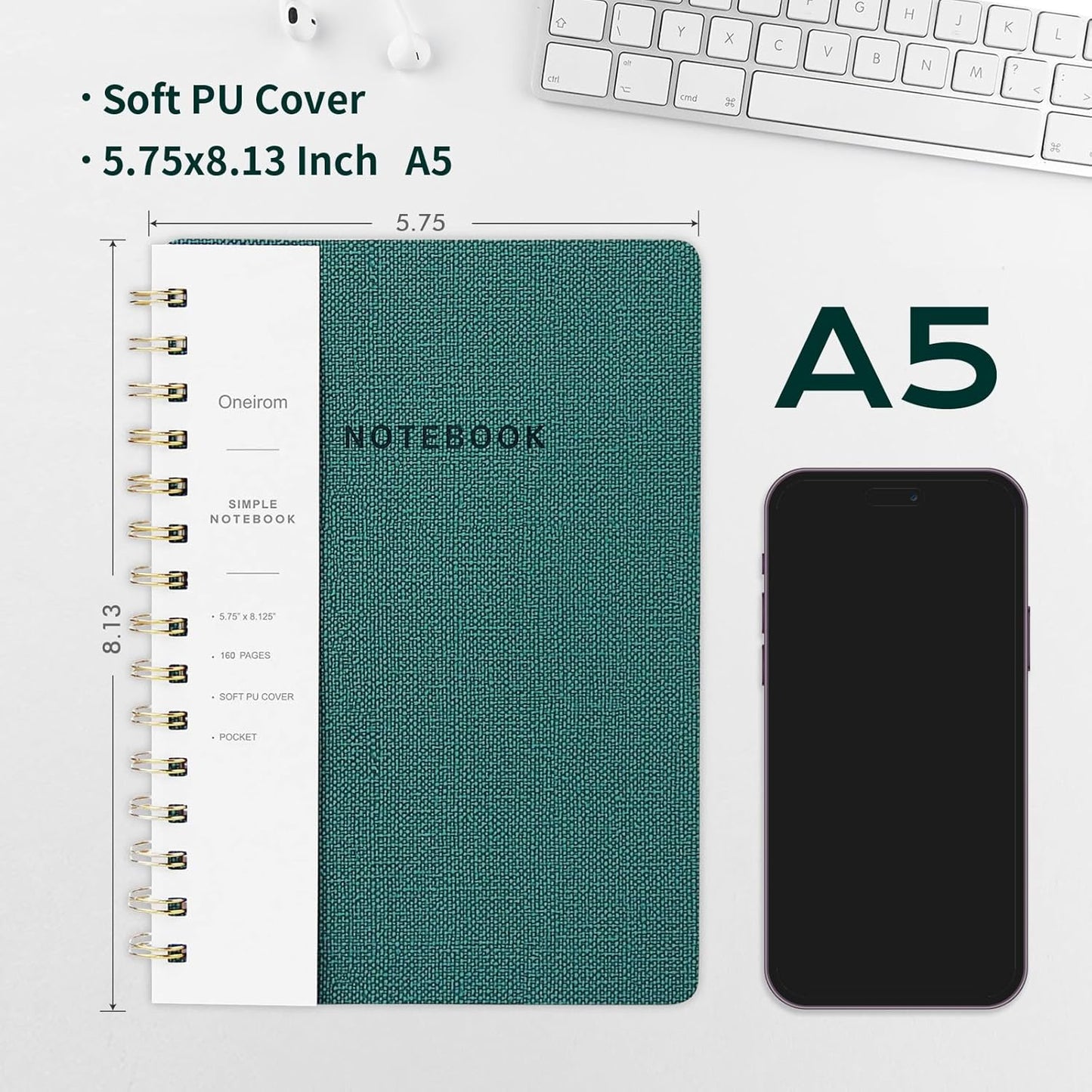 Spiral Notebook-5.75" x 8.125" College Ruled Journal with Inner Pockets and 160 Pages,PU Leather Cover Business Journal, Twin-Wire Binding Notebook Perfect for Office & Home School Supplies