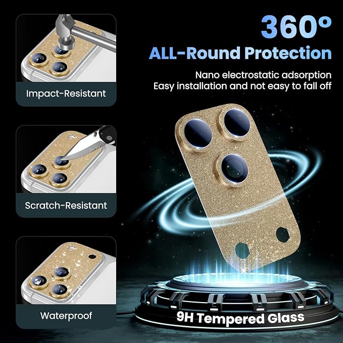 Uyiton for iPhone 17-Pro-Max Camera-Lens Protector: Bling Metal Tempered Glass - Image 2