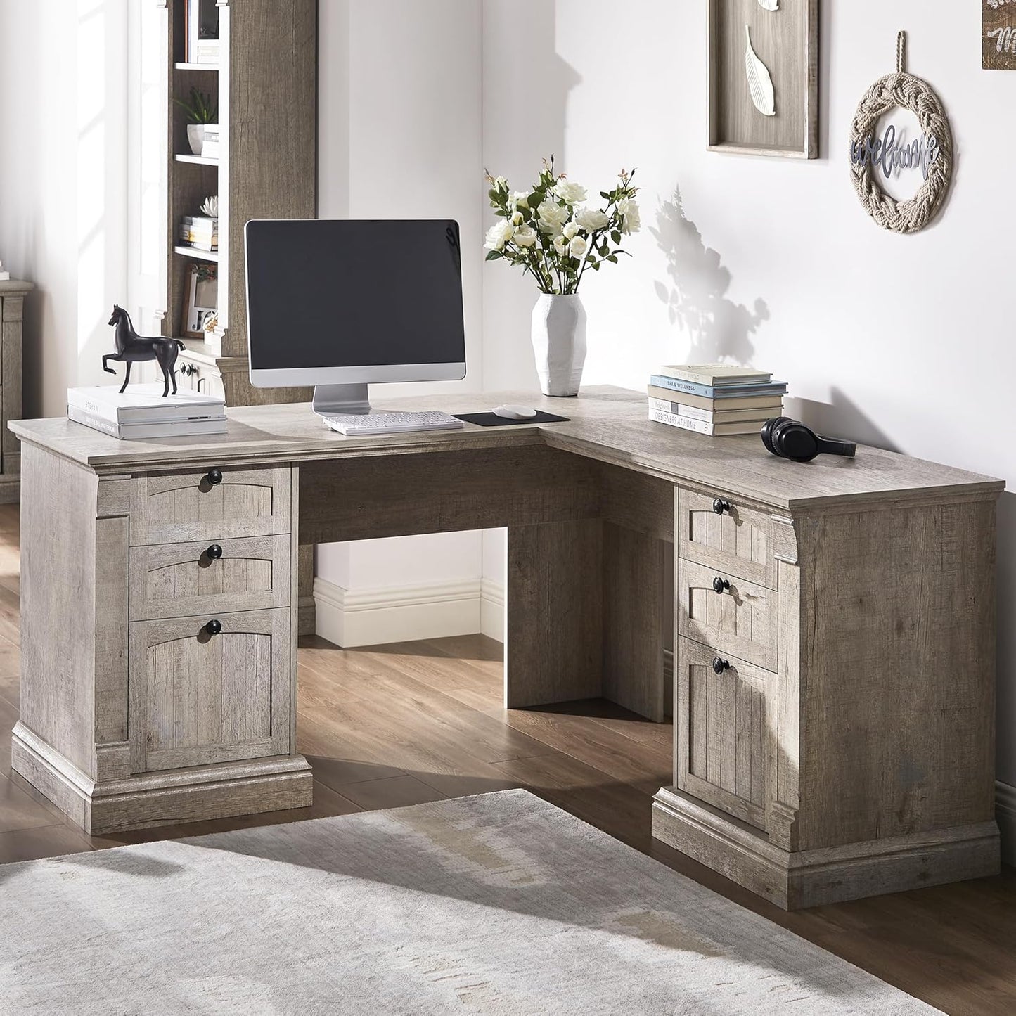 OKD 60" L Shaped Executive Desk with Drawers, Farmhouse Home Office Desk with Charging Station, File Cabinet Storage, Wood Corner Computer Desk for Work and Study, Light Rustic Oak