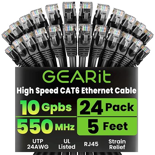 GEARit Cat 6 Ethernet Patch Cables 5 ft Black, CAT6 High Speed 24AWG 10Gbps by GEARit