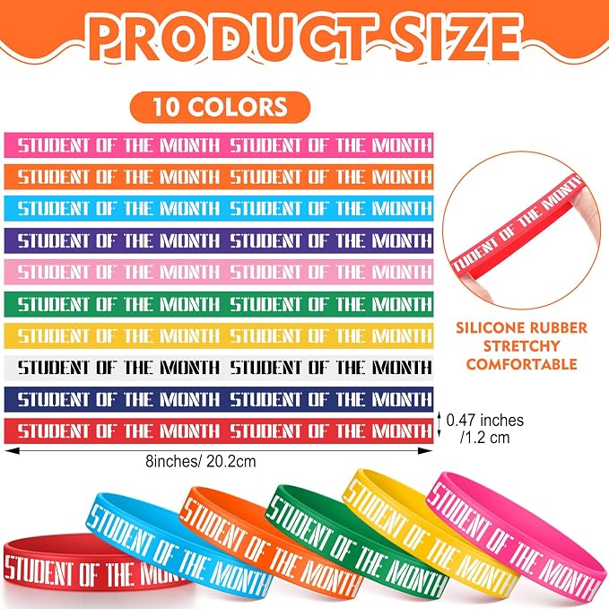 100 Pcs Student of The Month Silicone Wristbands 10 Assorted Color Reward - Image 2