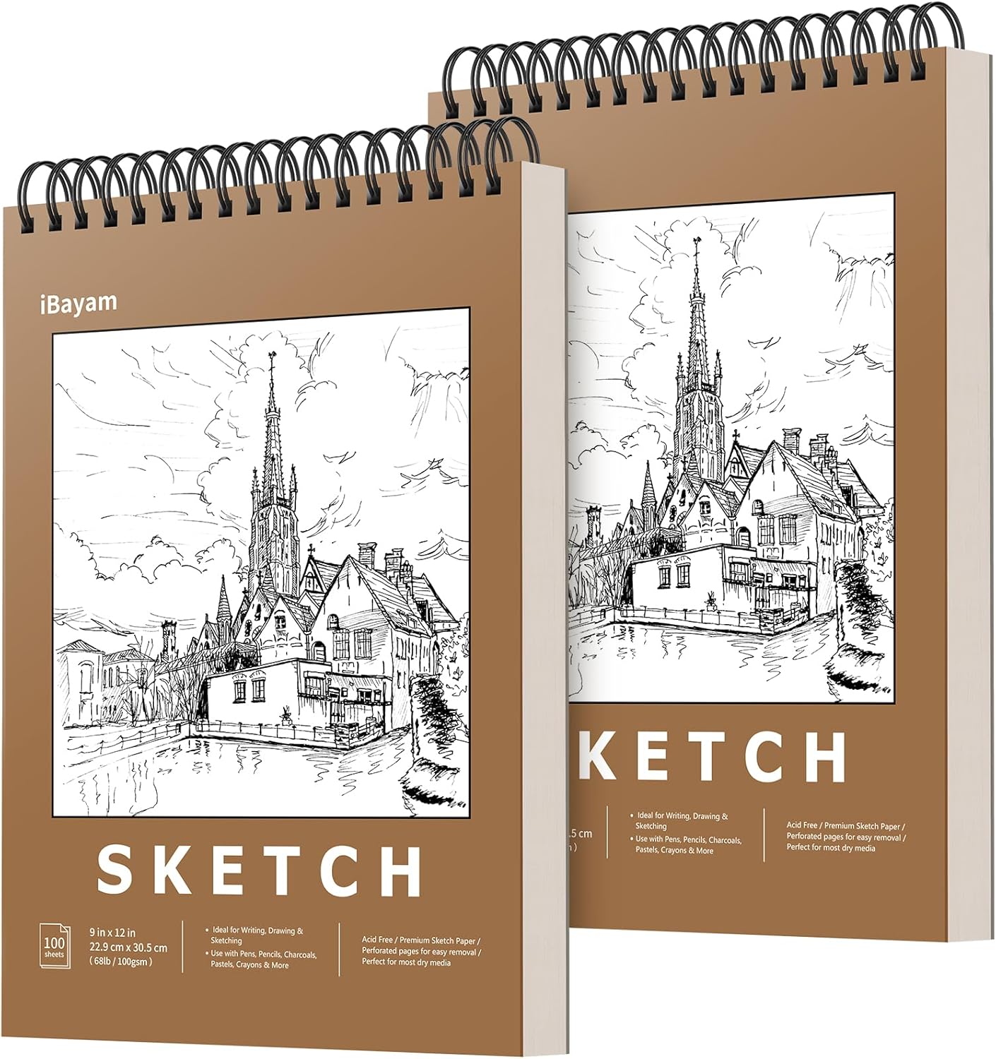iBayam 9" x 12" Sketch Book Set, 2-Pack Spiral Bound Drawing Paper, 200 Sheets (68lb/100gsm) Premium Sketchbook, Acid-Free Art Drawing Painting Sketching Pad Supplies for Kids, Teens, Adults, Artists
