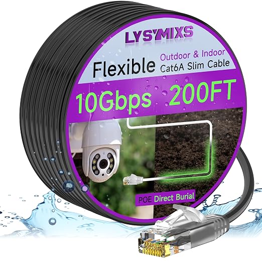 Cat6a Slim Ethernet Patch Cable 200ft Outdoor & Indoor, Flexible 10G Cat6 by Lysymixs