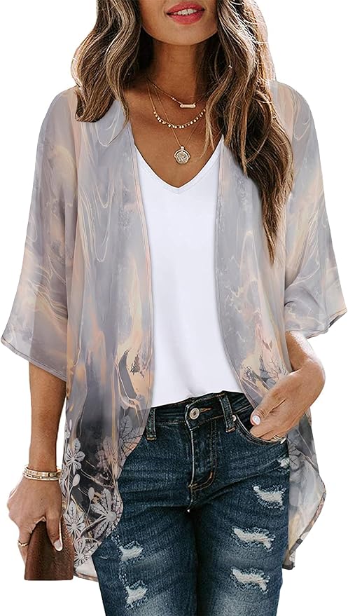 Women's Floral Print Puff Sleeve Kimono Cardigan Loose Cover Up Casual Blouse by CHICGAL