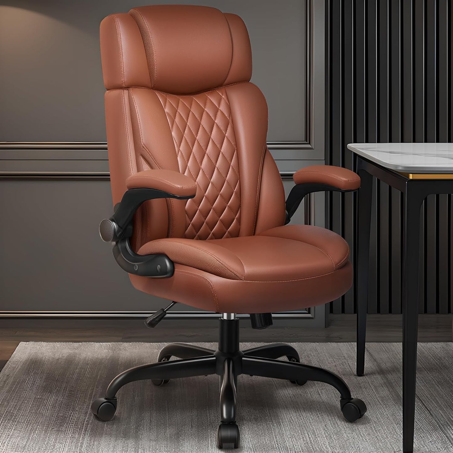 Office Chair Flip Up Arms, Executive Leather Office Chair Ergonomic Desk Chair with Lumbar Support, Adjustable Headrest, Computer Chair Home Office Desk Chair with Rocking Function