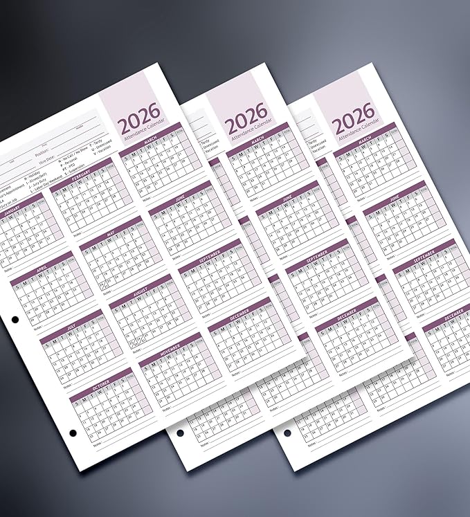 Attendance Calendar Employee Card Attendance Record Tracker 2026, Heavy 100lb by Ausoleil