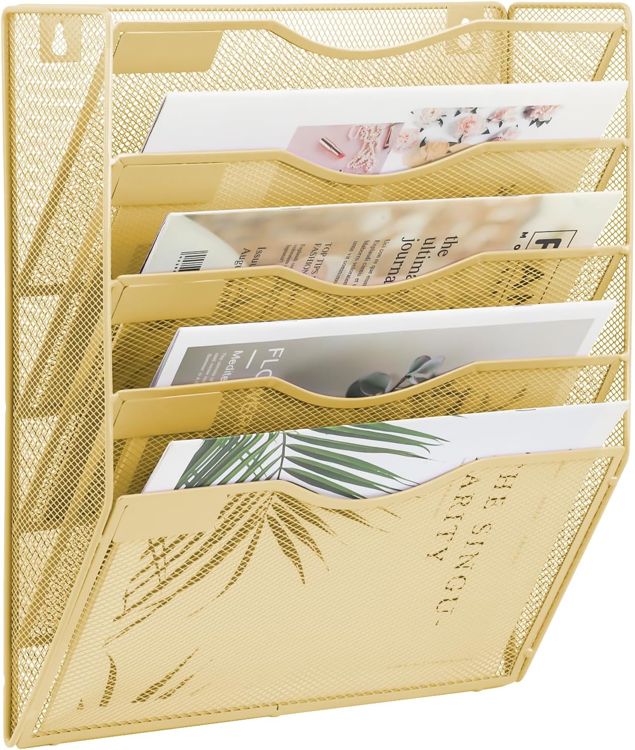 EASEPRES 5 Pocket Mesh Hanging Wall File Organizer, Wall Mounted Mail Paper Document Folder Holder, Clipboard Storage Organization Magazine Rack with Nametag Label for Office Home School, Gold