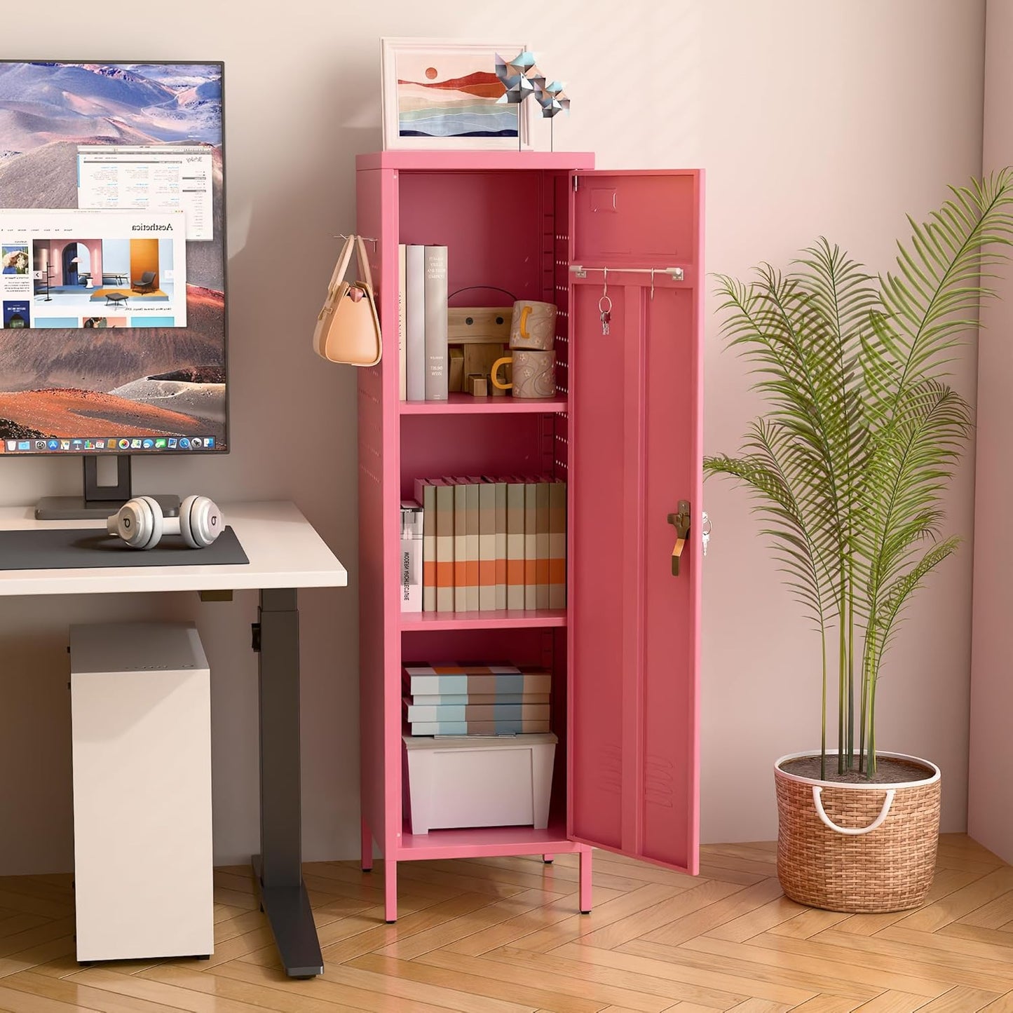 Aobabo Metal 54" H Metal Storage Locker for Employees, Lockable 1 Door with Towel Rack and 2 Side Pegboards with Hooks for School Office Gym Home, Assembly Required (Pink)