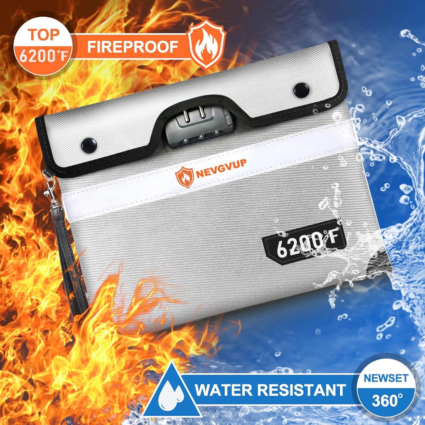 6200°F Fireproof Document Bag with Lock, Upgraded Fire proof Money Bag for Cash with Zipper/Reflective Strip, 9 Layer of Heat Insulated Material, Water Resistant Fireproof Bags for Documents,Safe Bags