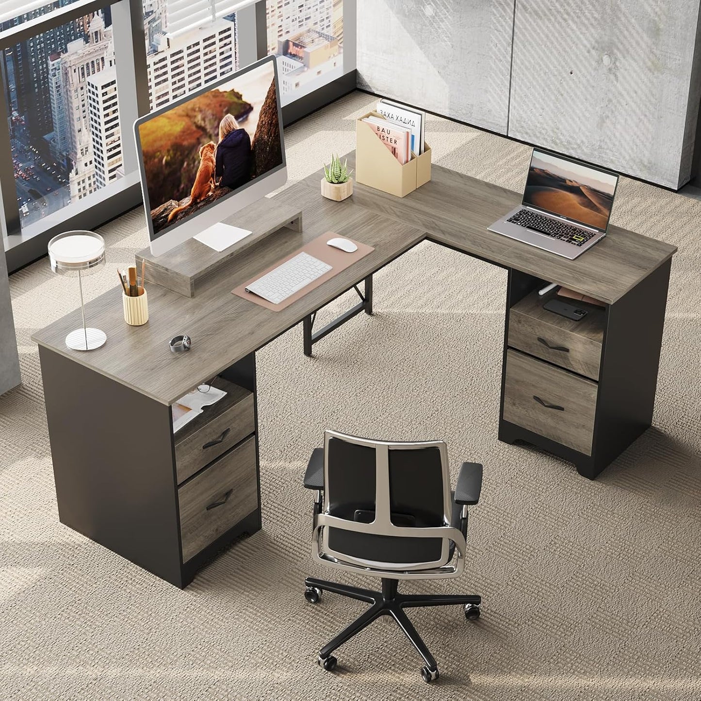 Bestier L Shaped Desk with 4 Drawers, 63" x 47" Executive Desk with Open Storage & Monitor Stand, Corner Desk with 2 File Drawers & Modesty Panel for Home Office, Gray