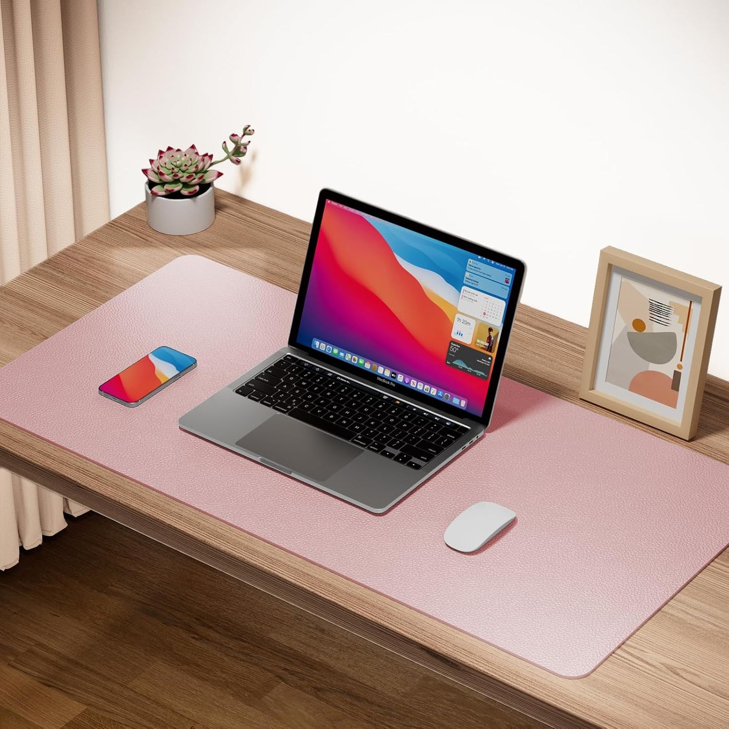 Boutilon Leather Desk Pad Protector,Non-Slip Mouse Pad,Laptop Desk Pad,Office Mouse Mat,Waterproof Leather Desk Blotter,Desk Writing Pad for Office and Home (M-Pink,30"x14")