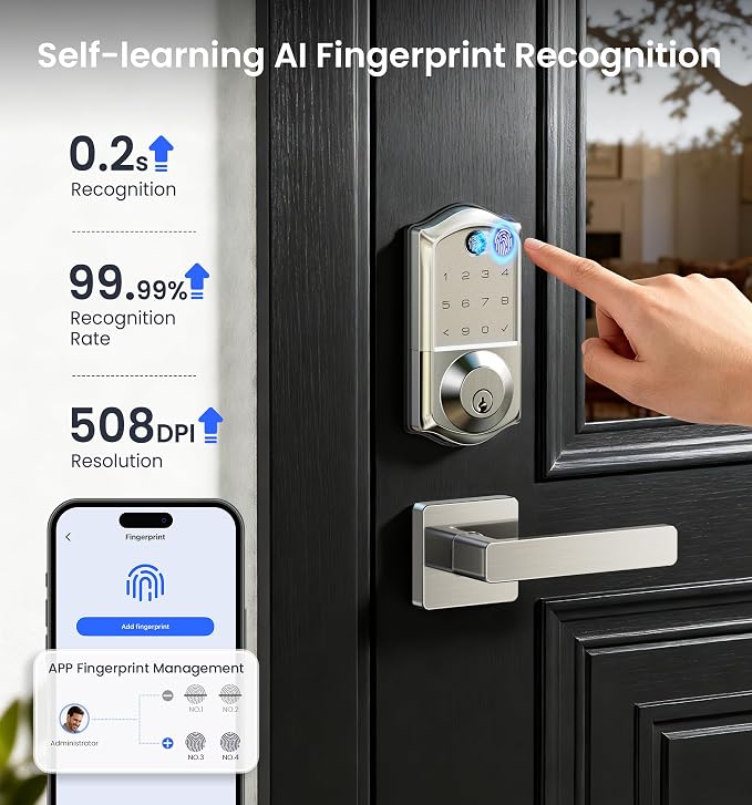 Veise VE017 Fingerprint Smart Door Lock, App Control, 8-in-1 Keyless Entry - Image 11
