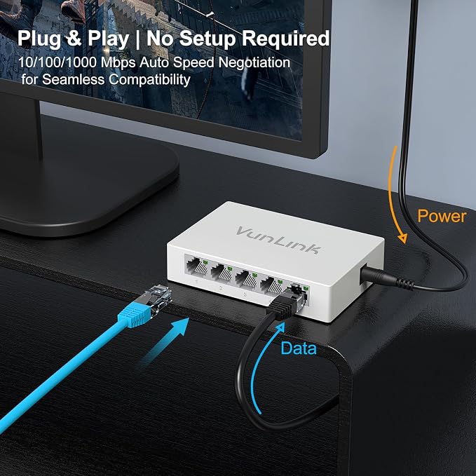 5 Port Gigabit Ethernet Switch – VunLink Unmanaged Network Switch Hub, Desktop - Image 3