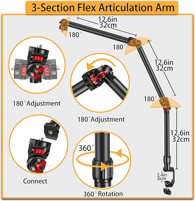 Overhead Camera Mount Desk Stand, 3-Section Flexible Detachable Articulating Arm - Image 4