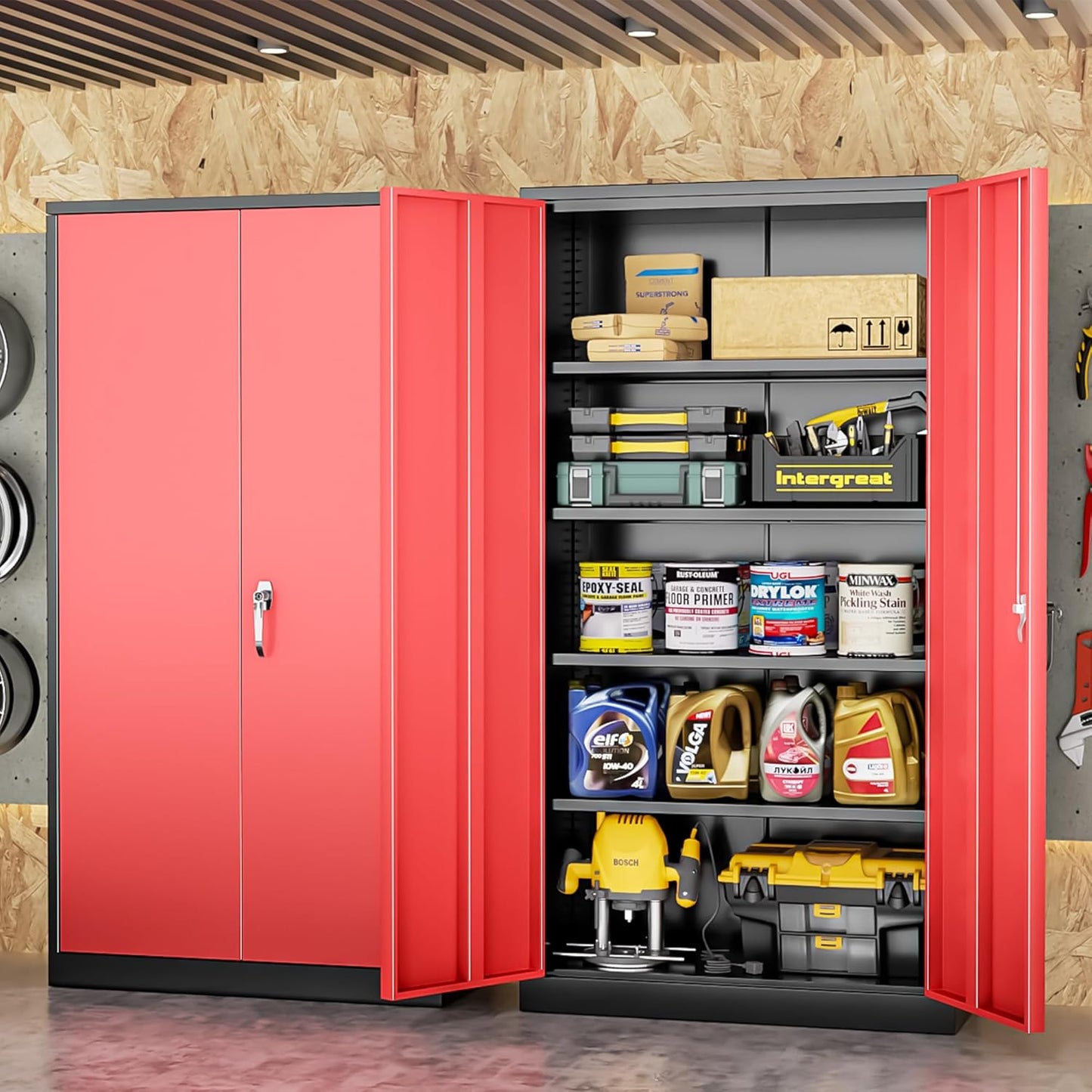 INTERGREAT Metal Lockable Storage Cabinet, 72” H Storage Cabinet with 2 Doors and 4 Adjustable Shelves for Office, Home, Garage, Pantry (Assembly Required, 18”D, Black Red)