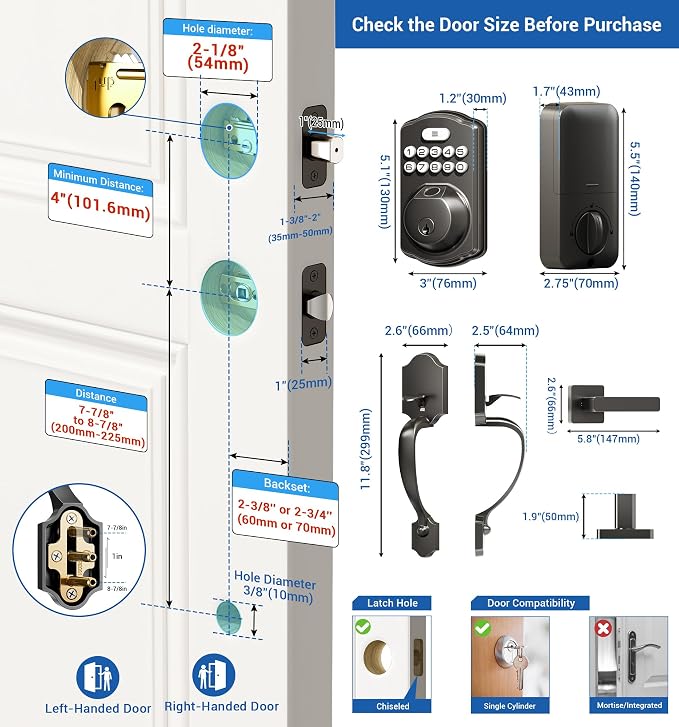 Veise Fingerprint Door Lock Set, Keyless Entry Door Lock, Front Handle Set - Image 2