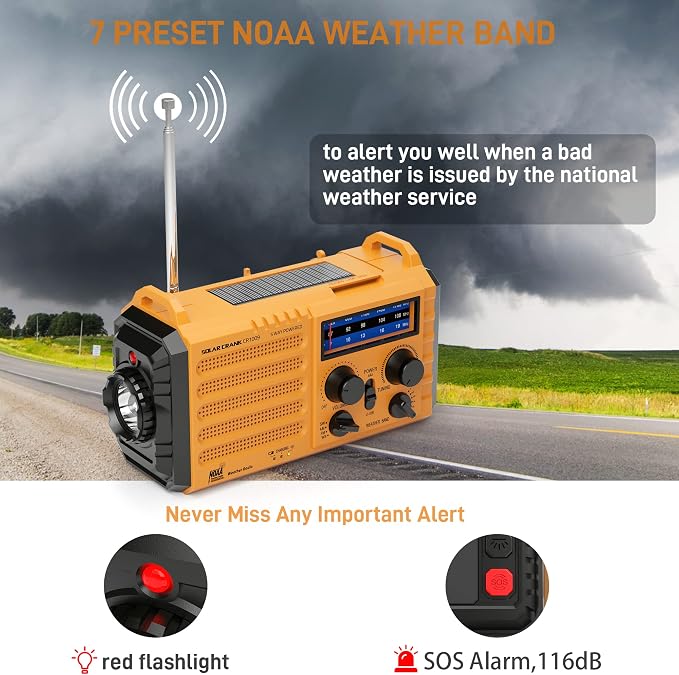 Eoxsmile Emergency Radio with NOAA Weather Alert, 5000mAh Solar Hand Crank - Image 2