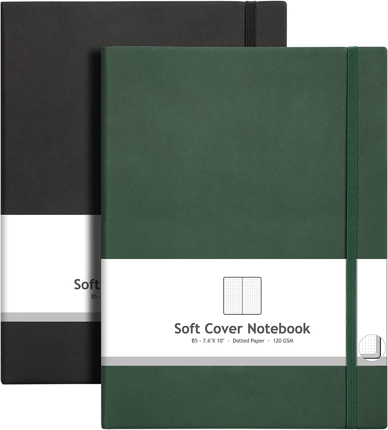 AHGXG Bullet Dotted Journal 2 Pack - B5 Large Journal Dot Grid Notebook (7.6'' X 10'') with Thick 120gsm Dot Paper, Soft Leather Cover, Total 384 Pages, Inner Pocket - BlackGreen