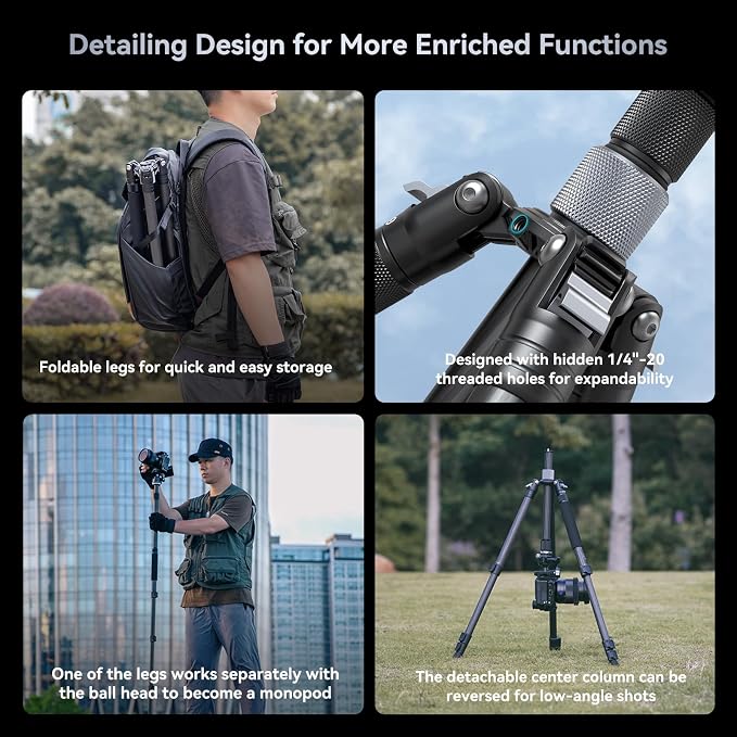 SmallRig AP-20 Carbon Fiber Tripod, 62.2" Camera Tripod Monopod - Image 3