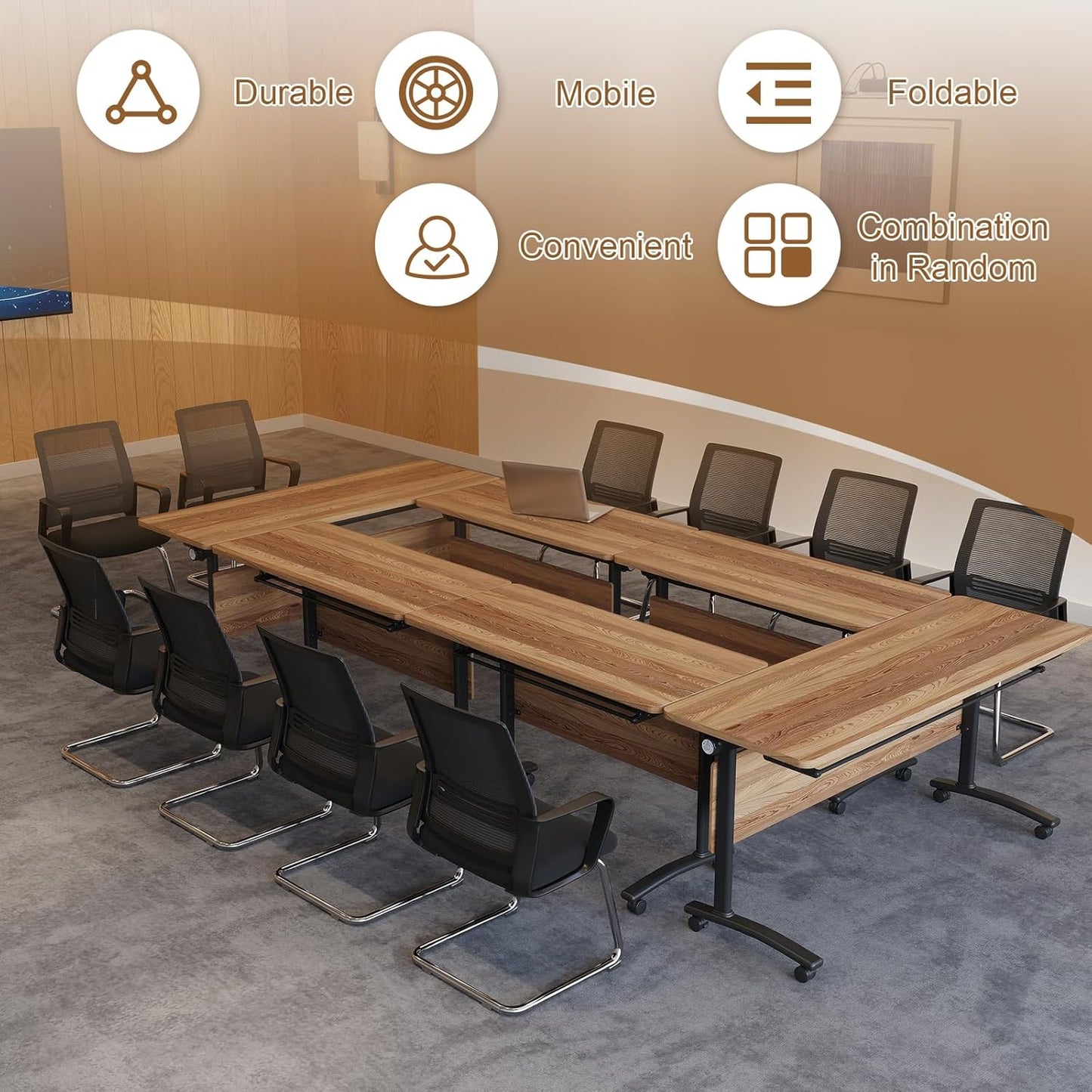 Folding Conference Room Table, Modern Conference Tables with Silent Wheels, Large Rectangular Mobile Training Tables for Office Classroom, Foldable Modular Boardroom Seminar Table (10pack L63in)