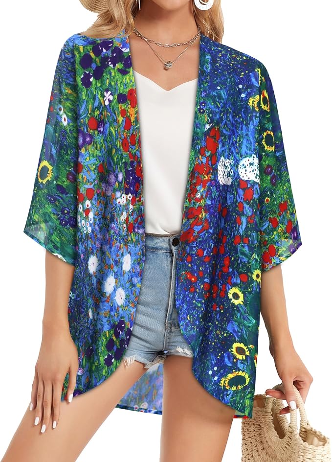Women's Floral Print Puff Sleeve Kimono Cardigan Loose Cover Up Casual Blouse - Image 3