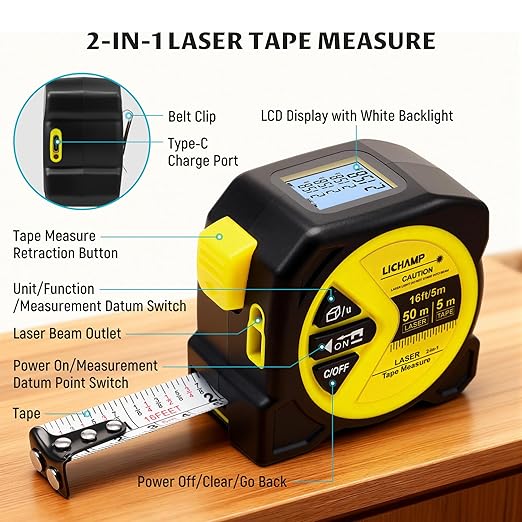 Lichamp Laser Tape Measure, 164ft Class II Laser Distance Meter and 16ft Manual - Image 2