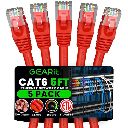 GEARit Cat 6 Patch Cables 5 ft Red Cat6 Patch Cables 5ft Red/Ethernet Patch by GEARit
