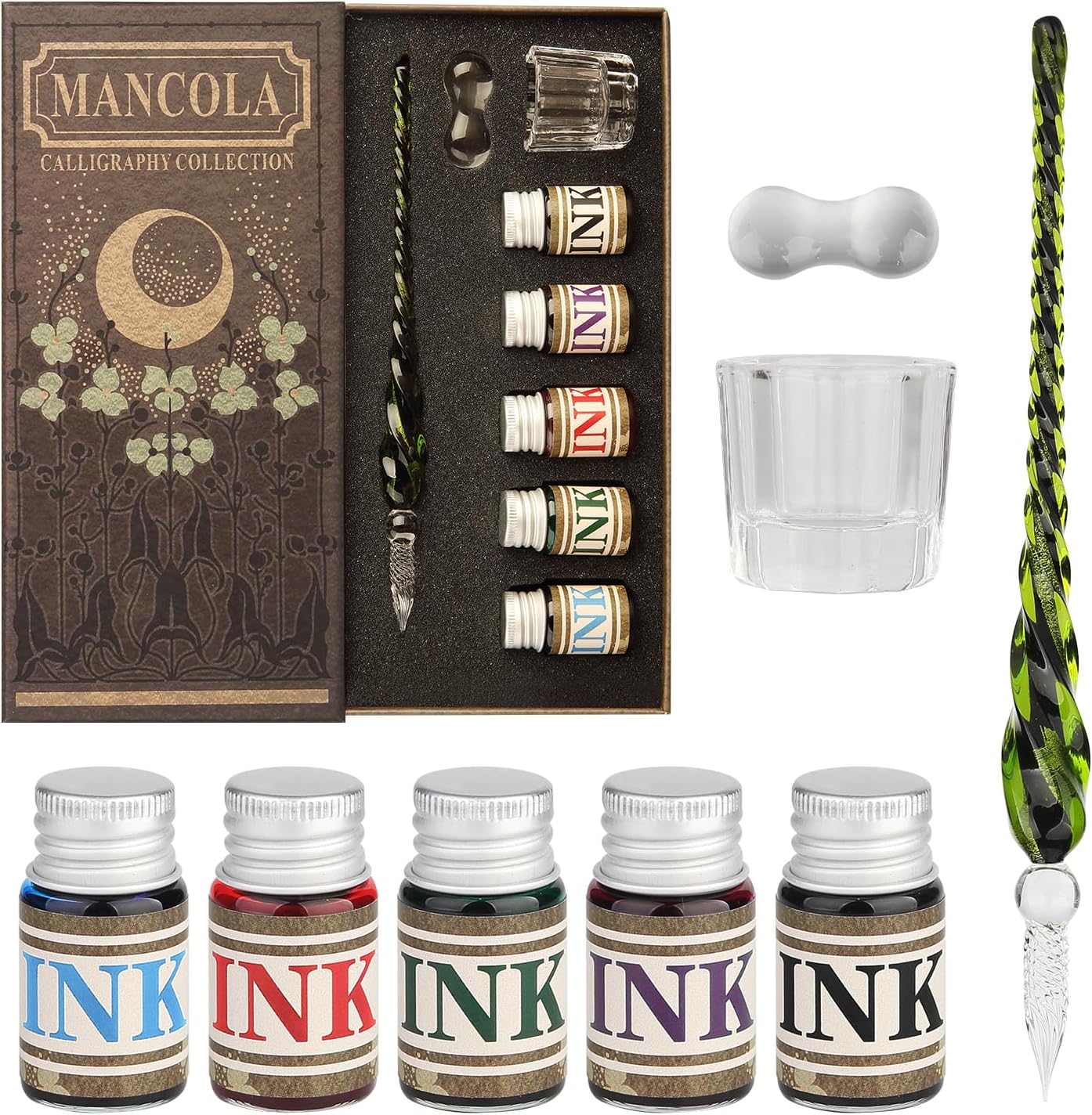 Glass Dipped Crystal Calligraphy Pen Set with 5 Colorful India Ink, 1 Pen Holder, 1 Cleaning Cup, Ink Drip Tool, Signatures, Drawing, Decoration Kits for Beginners