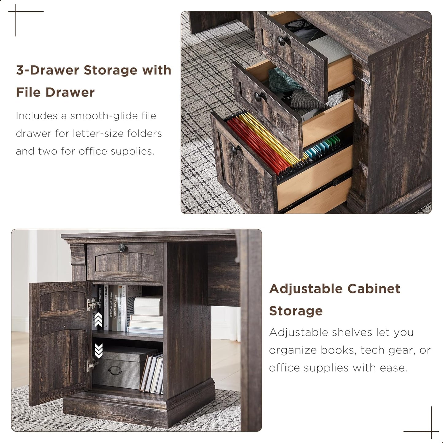 OKD 60" L Shaped Executive Desk with Hutch and Drawers, Farmhouse Home Office Desk with Charging Station, File Cabinet Storage, Wood Corner Computer Desk for Work and Study, Dark Rustic Oak