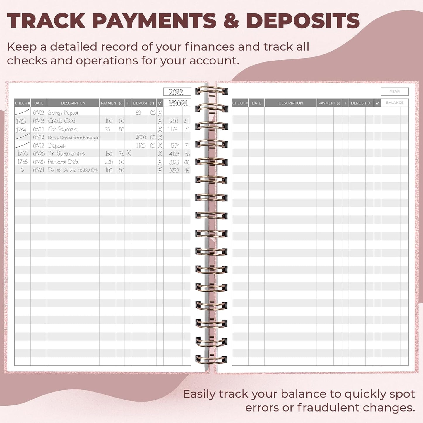 Clever Fox Check Register for Personal Checkbook – Checking Book Register – Checkbook Register – Accounting Ledger Book – 3968 Entry Lines, 6.1" x 8.3", Spiral Binding, Hardcover, Rose Gold
