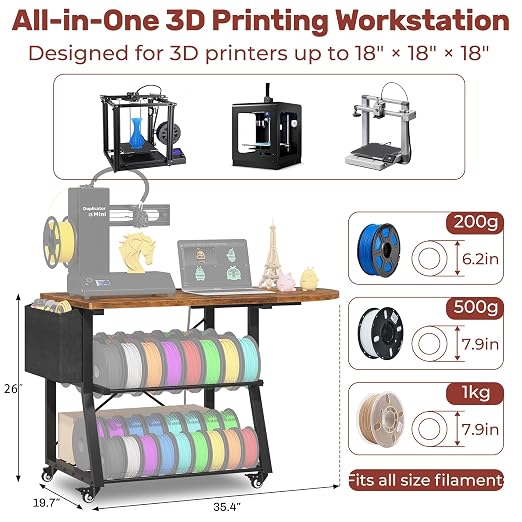 3D Printer Stand with Foldable Desktop & Fabric Drawer – Compact Rolling 3-Tier - Image 2