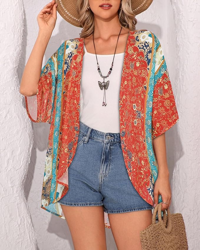 Women's Floral Print Puff Sleeve Kimono Cardigan Loose Cover Up Casual Blouse - Image 4