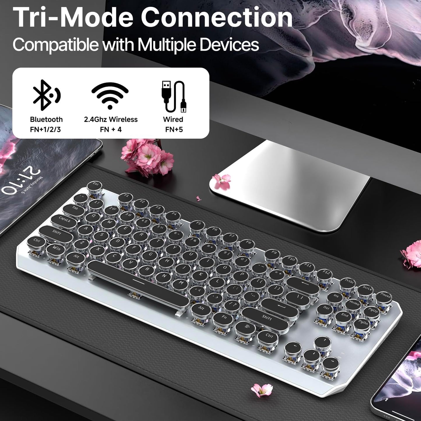 EWEADN Wireless Mechanical Typewriter Keyboard,80% Layout with White Backlit, Anti-Ghosting, Blue Switch Bluetooth/2.4GHz/USB-C Aesthetic Keyboard-Black