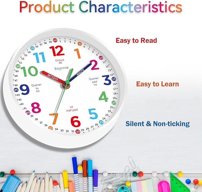 Roymnie Wall Clock 10 Inch for Kids Learning Kids Teaching Clock Analog Silent - Image 6